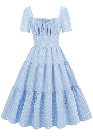 Light Blue Dot Short Sleeves A-line Vintage Dress