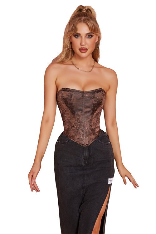 Dark Brown Strapless Jacquard Bustier Corset Top