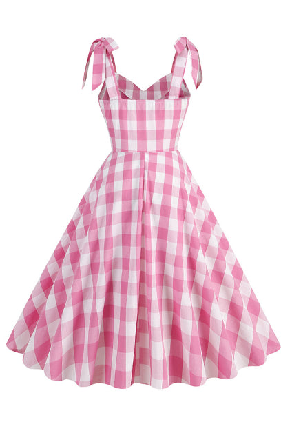 Pink Plaid Bow Tie Straps A-line Vintage Dress