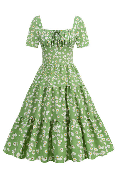 Green Floral A-line Short Sleeves Vintage Dress