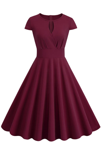 Wine Red Keyhold A-line Cap Sleeves Vintage Dress