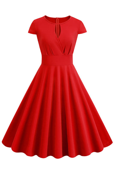 Red Keyhold A-line Cap Sleeves Vintage Dress