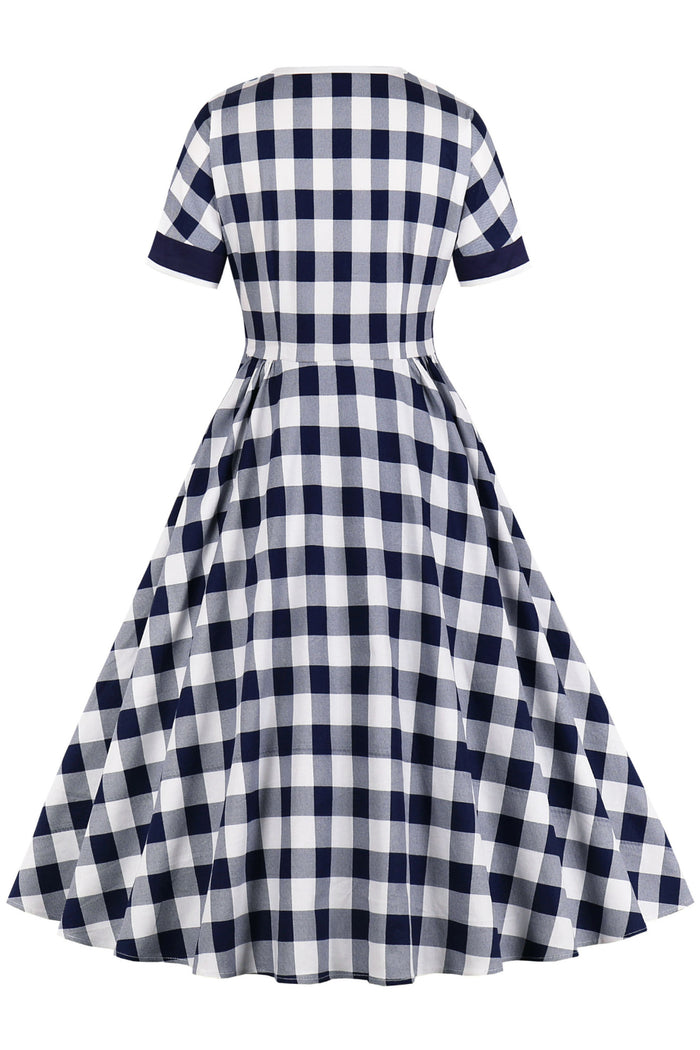 Black Ribbon Collar Plaid Short Sleeves A-line Vintage Dress