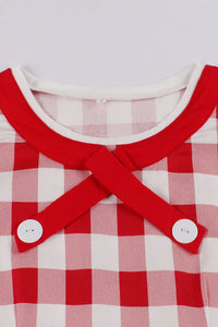 Red Ribbon Collar Plaid Short Sleeves A-line Vintage Dress