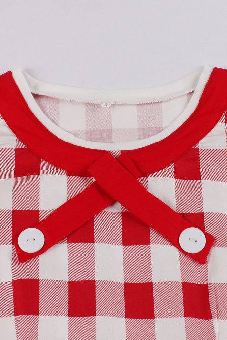 Red Ribbon Collar Plaid Short Sleeves A-line Vintage Dress