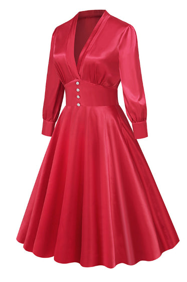 Red Plunging V Neck Long Sleeves Empire A-line Vintage Dress