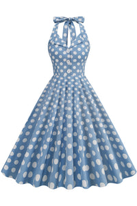 Herbene Blue Bow Tie Halter Dot A-line Dress