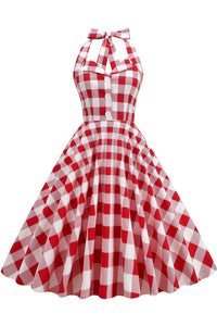 Herbene Red Bow Tie Halter Plaid A-line Dress