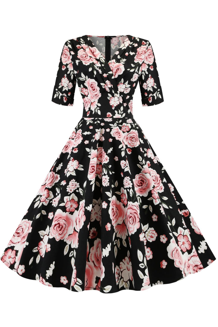 Black Floral Surplice Short Sleeves A-line Vintage Dress