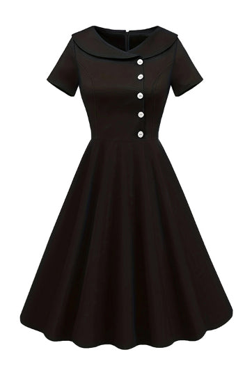 Black Folded Neck Short Sleeves A-line Vintage Dress