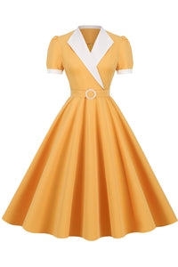 Vintage Yellow Lapel A-line Dress