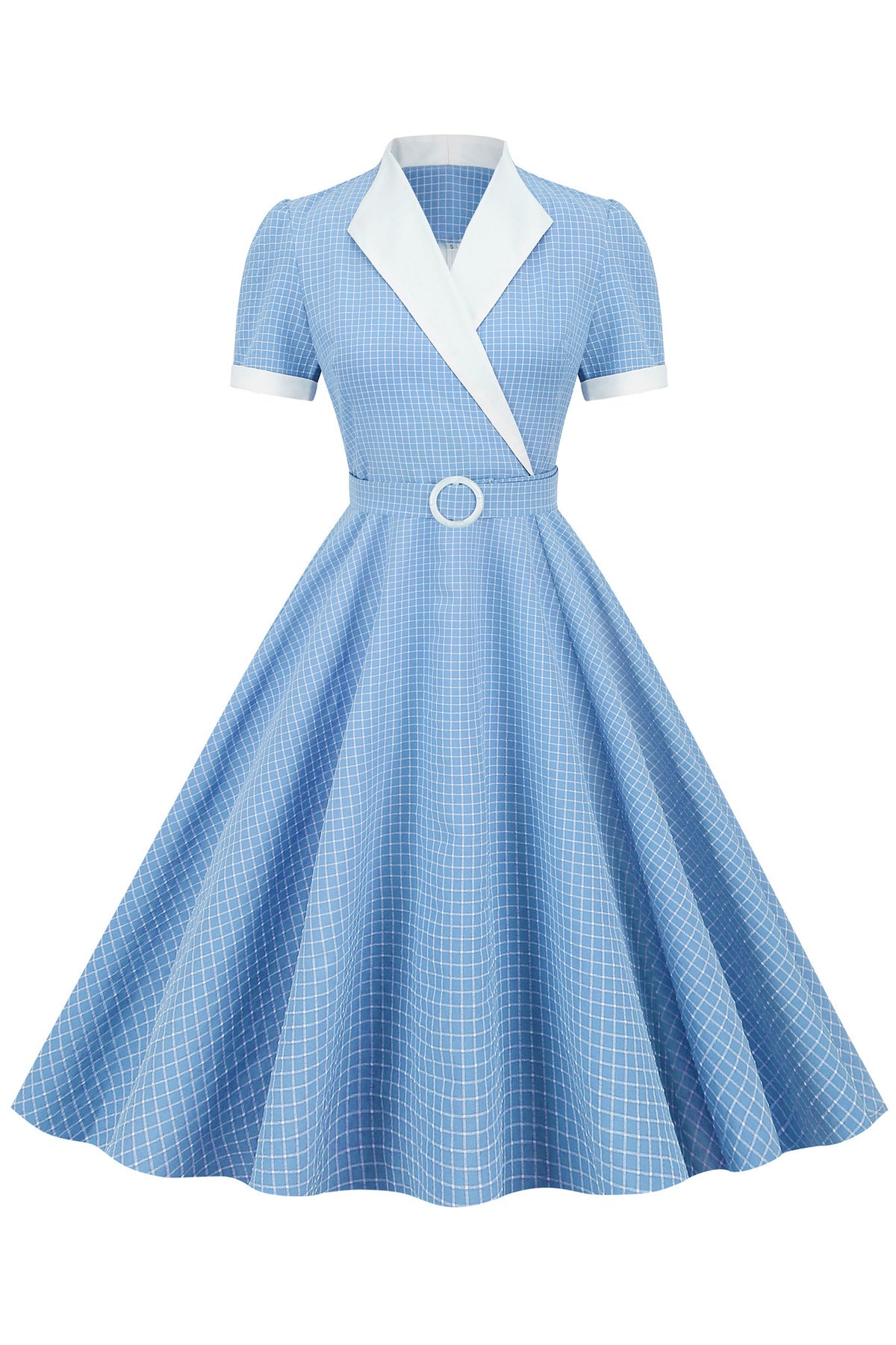 Vintage Blue Plaid Lapel A-line Dress