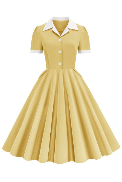 Yellow Shirt Collar Short Sleeves A-line Vintage Dress