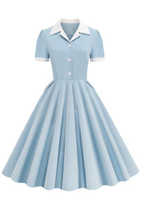 Light Blue Shirt Collar Short Sleeves A-line Vintage Dress