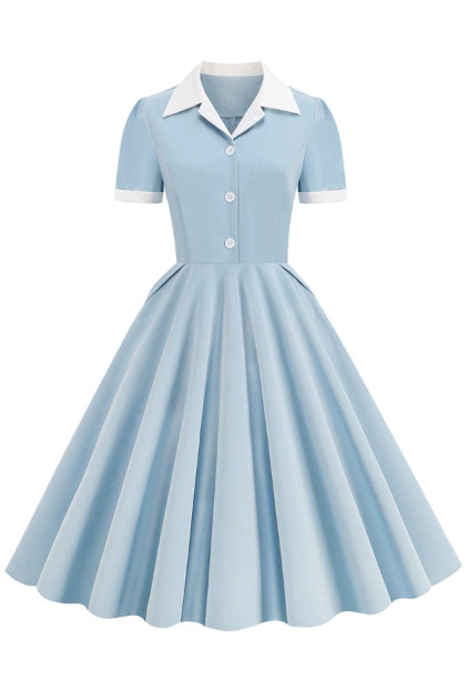 Light Blue Shirt Collar Short Sleeves A-line Vintage Dress