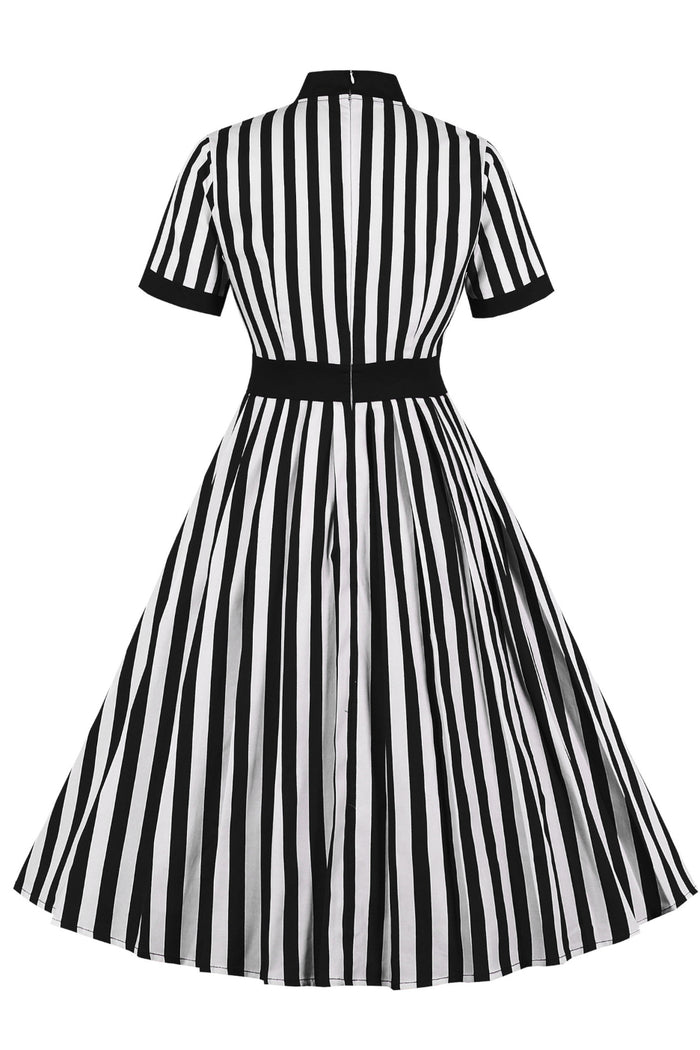 Black Ribbon Collar Short Sleeves A-line Vintage Dress