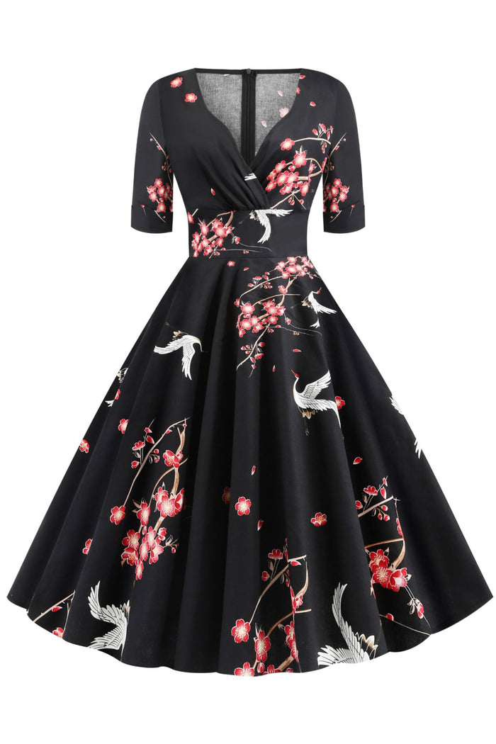 Black Surplice 1/2 Sleeves A-line Floral Vintage Dress