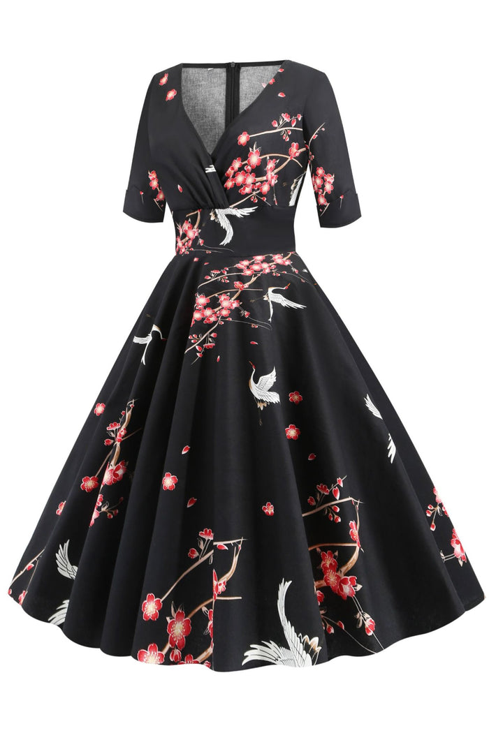 Black Surplice 1/2 Sleeves A-line Floral Vintage Dress