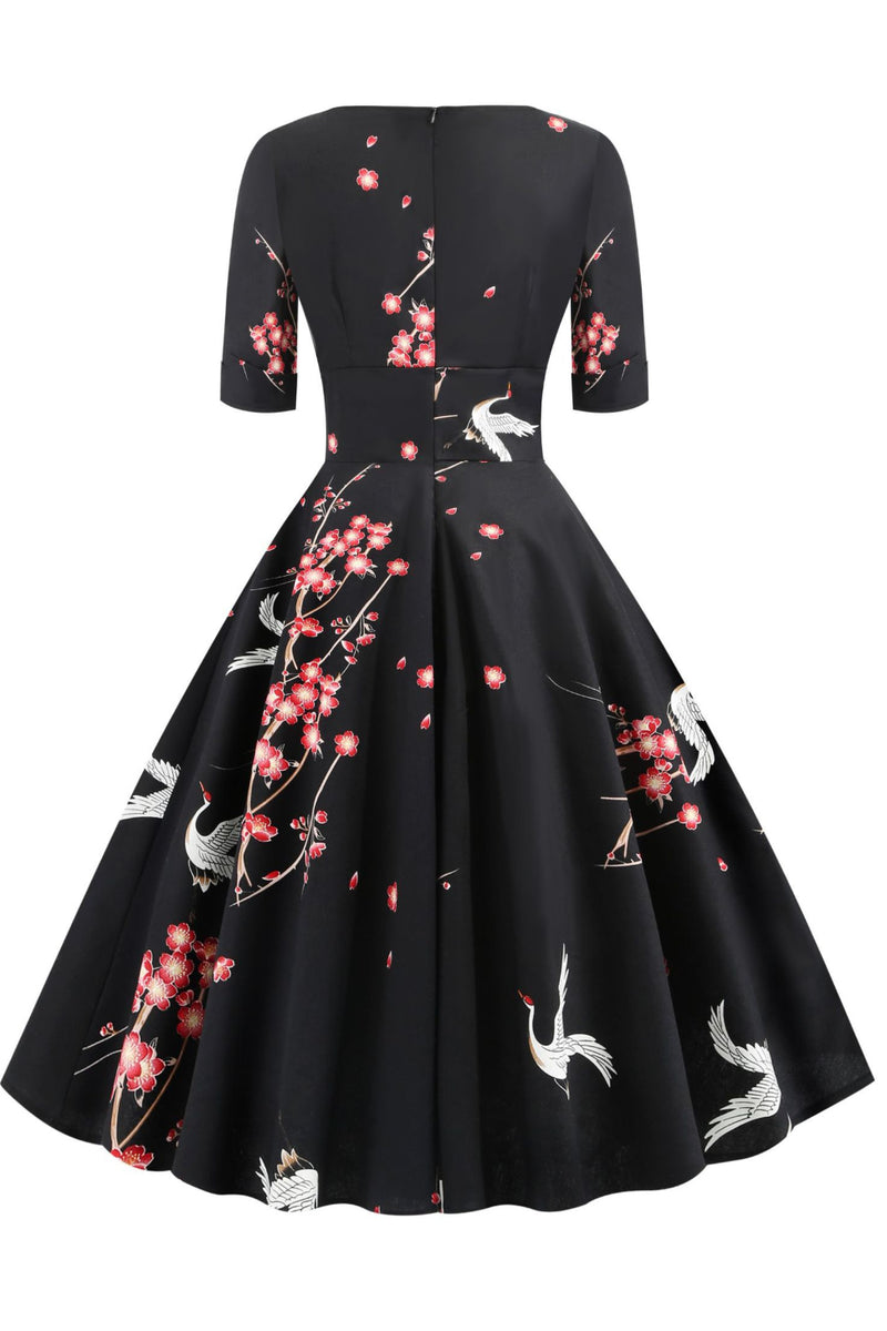 Black Surplice 1/2 Sleeves A-line Floral Vintage Dress