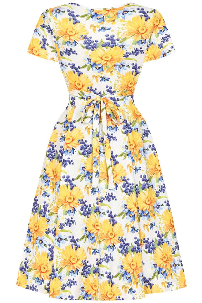 Yellow Floral Surplice A-line Vintage Dress