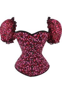 Red Ruffled Puff Sleeves Lace-Up Lips Prints Bustier Corset Top