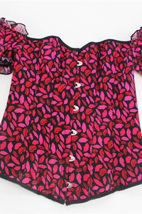 Red Ruffled Puff Sleeves Lace-Up Lips Prints Bustier Corset Top