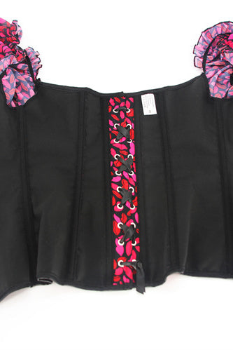 Red Ruffled Puff Sleeves Lace-Up Lips Prints Bustier Corset Top