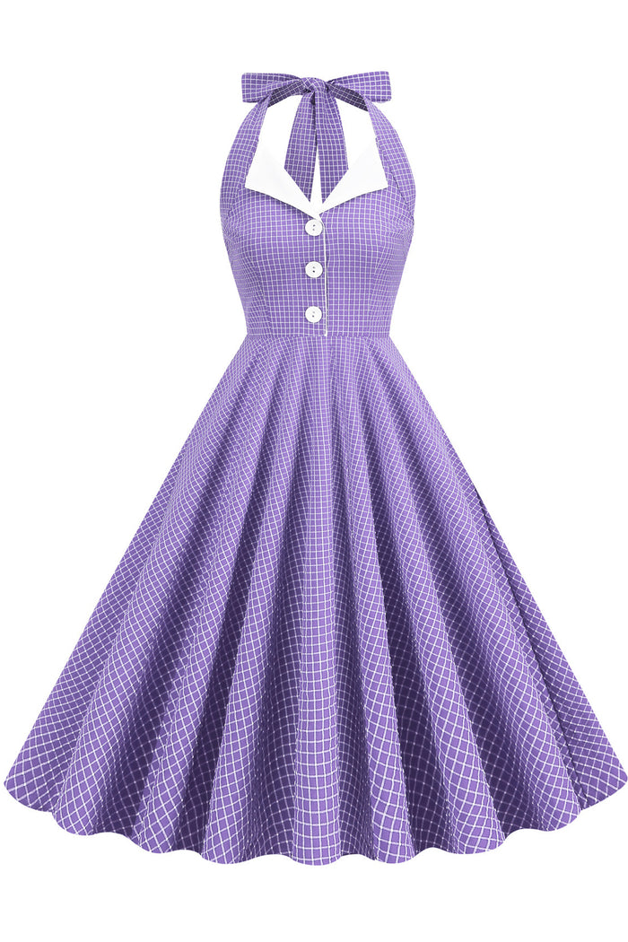 Vintage Purple Plaid Bow Tie Halter A-line Dress