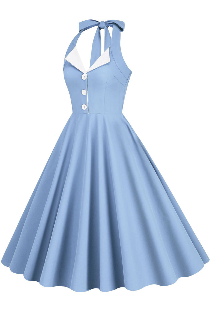 Blue Bow Tie Halter A-line Lapel Dress