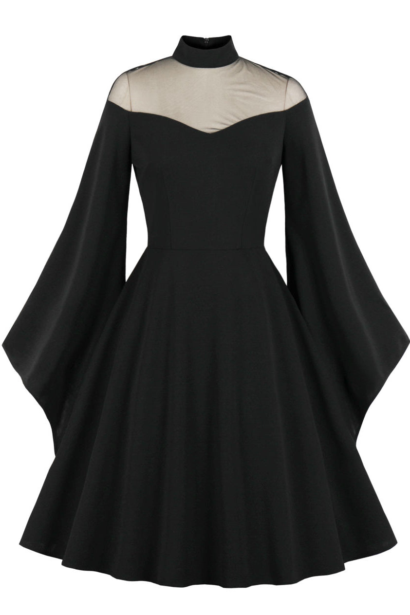 Halloween Black Queen Illusion Neck Bell Sleeves A-line Vintage Dress