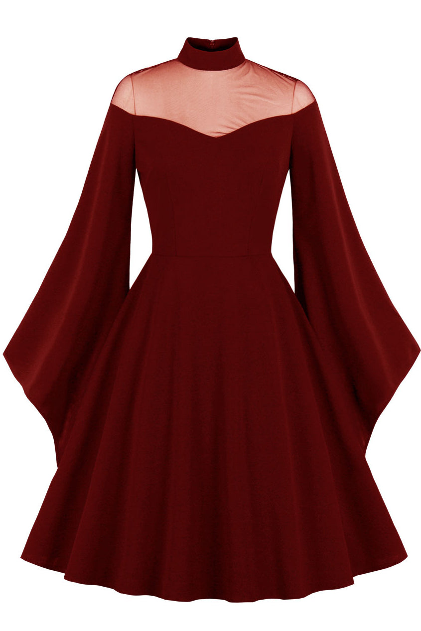 Halloween Black Queen Illusion Neck Bell Sleeves A-line Vintage Dress