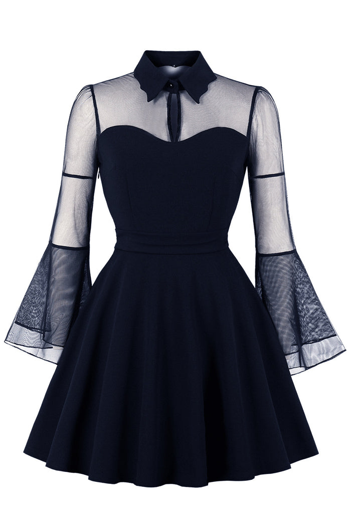 Halloween Black Bell Sleeves Black Queen Vintage Dress