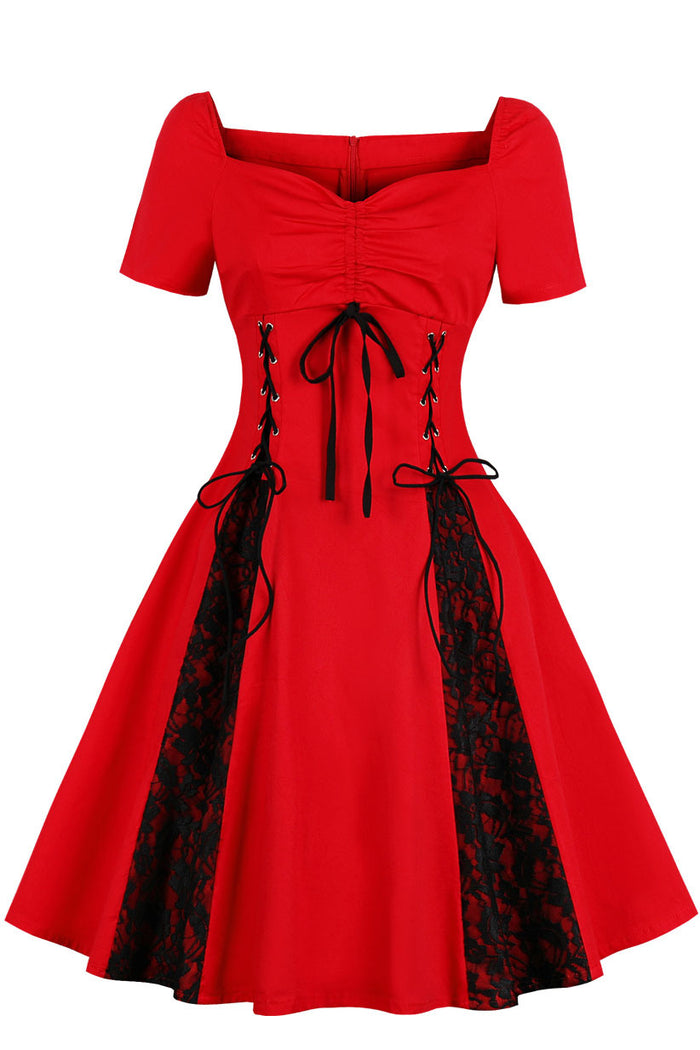 Gothic Red Lace Bow Tie A-line Vintage Dress
