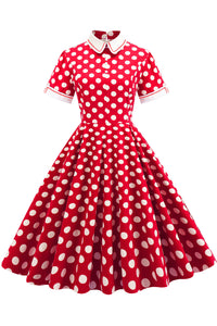 Red Shirt Collar Dot A-line Dress