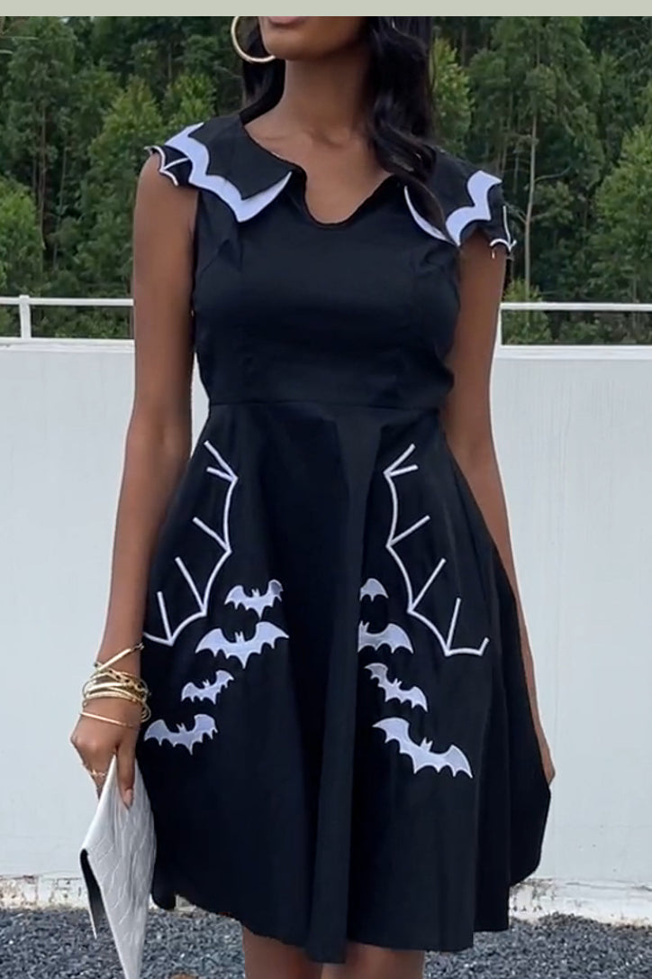 Halloween Black A-line Bat Print Vintage Dress