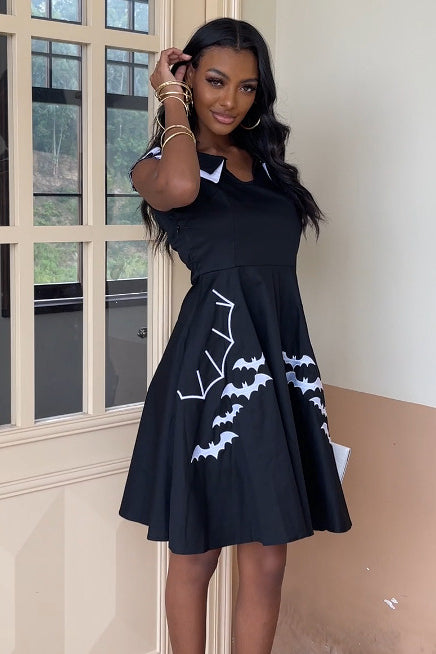 Halloween Black A-line Bat Print Vintage Dress