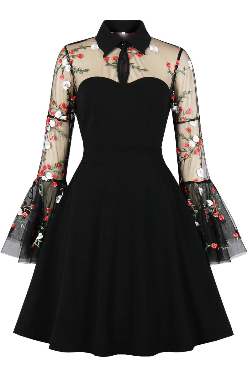 Black A-line Illusion Bell Sleeves Embroidery Vintage Dress