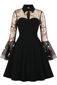 Black A-line Illusion Bell Sleeves Embroidery Vintage Dress
