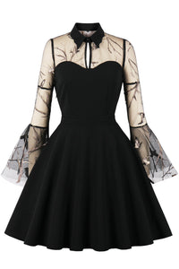 Black A-line Illusion Bell Sleeves Embroidery Vintage Dress