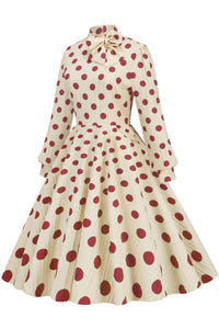 Vintage Apricot High Neck Long Sleeves Red Dot Dress with Bow