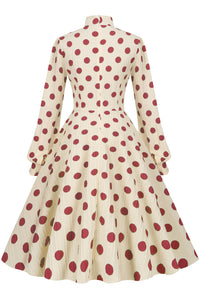 Vintage Apricot High Neck Long Sleeves Red Dot Dress with Bow