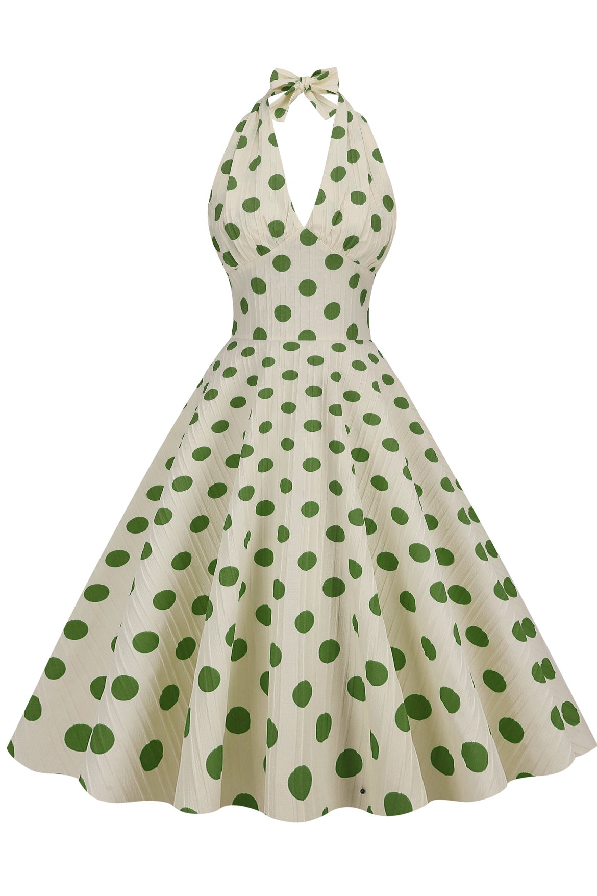 Herbene Apricot Bow Tie Halter Green Dot A-line Dress