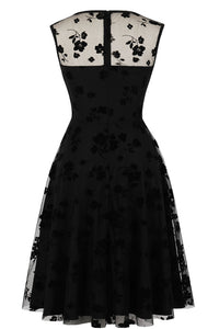 Black Illusion Neck Sleeveless A-line Embroidery Vintage Dress