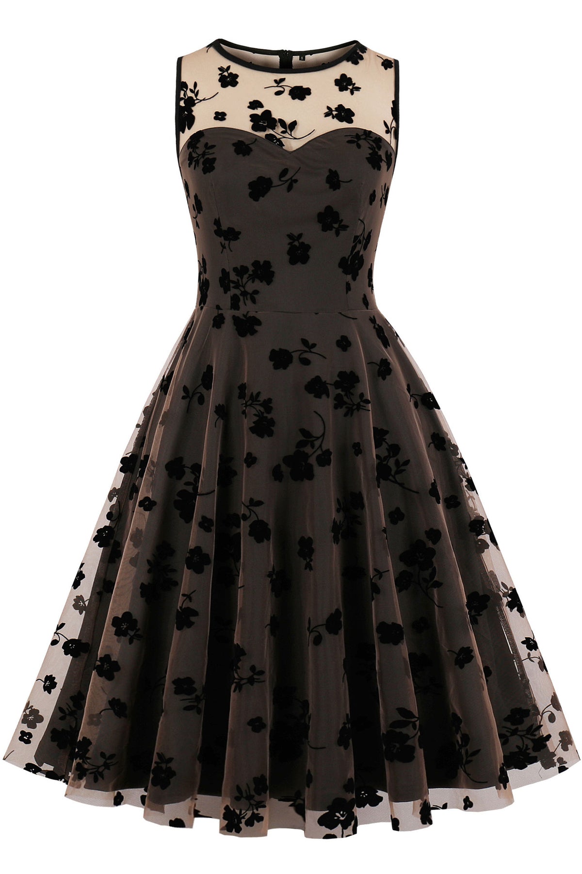 Coffee Illusion Neck Sleeveless A-line Embroidery Vintage Dress