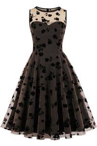 Coffee Illusion Neck Sleeveless A-line Embroidery Vintage Dress