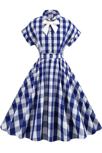 Herbene Blue Plaid Dress with Tie