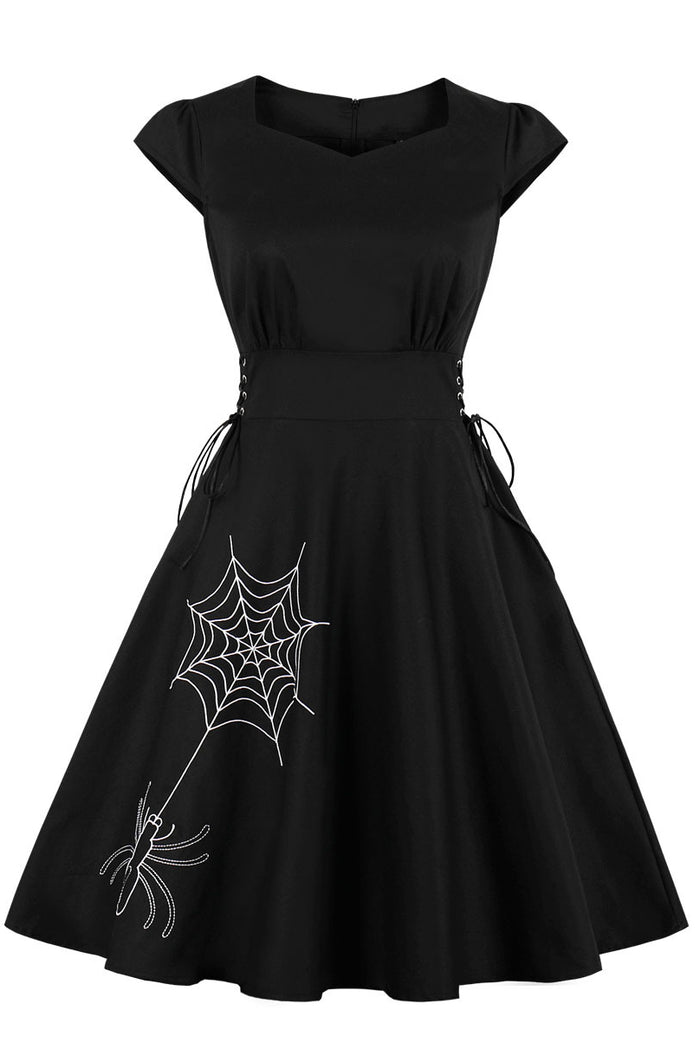 Helloween Black A-line Embroidery Lace-Up Vintage Dress