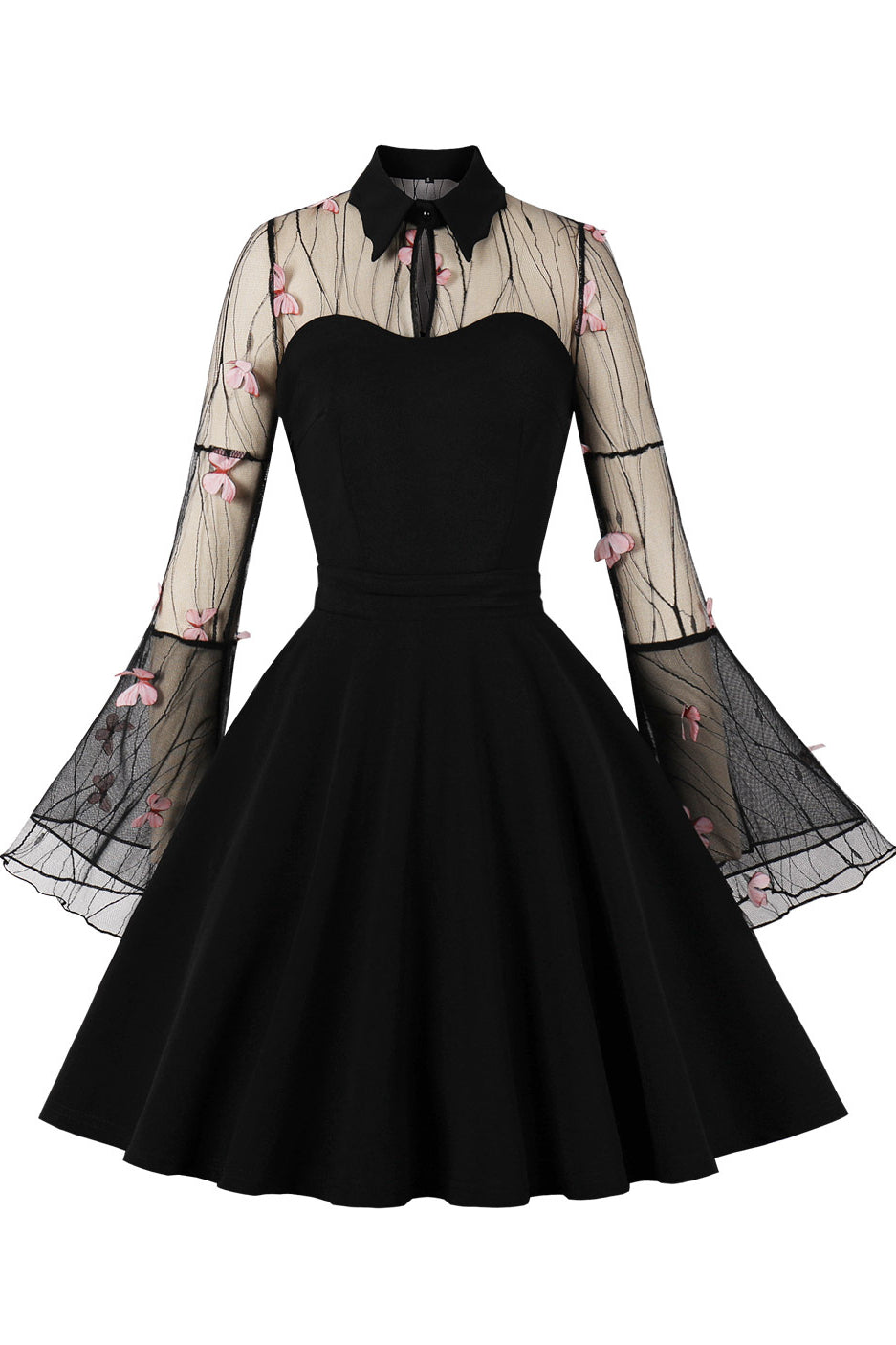 Black 3D Butterfly Bell Sleeves Shirt Collar A-line Vintage Dress