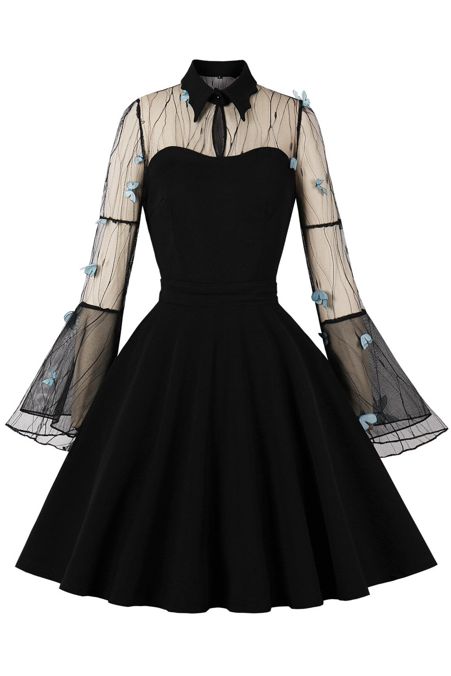 Black 3D Butterfly Bell Sleeves Shirt Collar A-line Vintage Dress