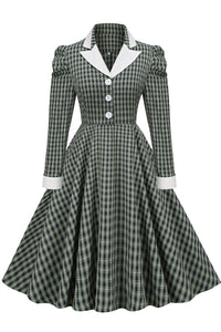 Dark Green Lapel Long Sleeves A-line Plaid Dress